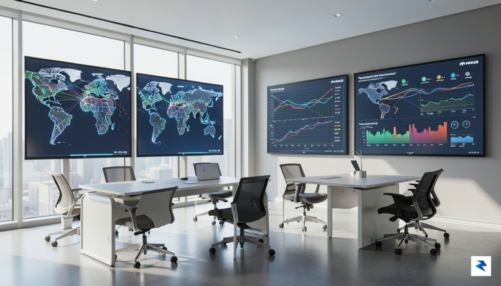 A modern, sleek office environment at Meta headquarters featuring digital…
