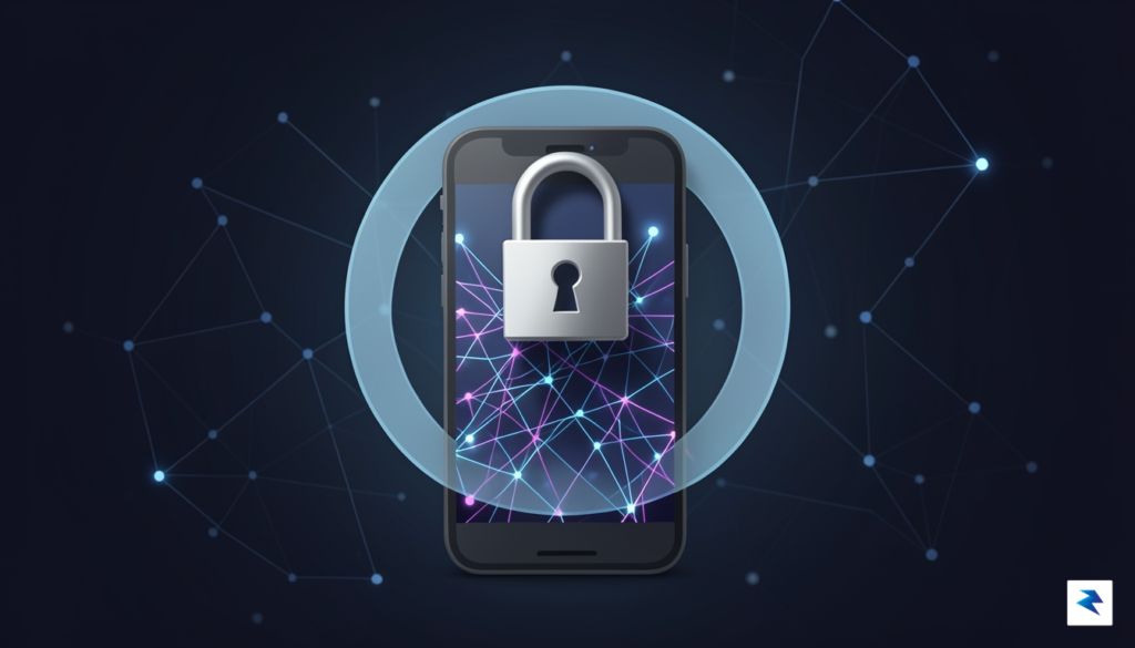 A digital security concept graphic showing a padlock icon hovering&hellip;