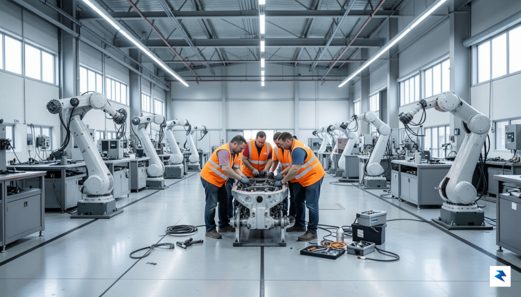 A wide-angle shot of a high-tech Ford factory floor with&hellip;