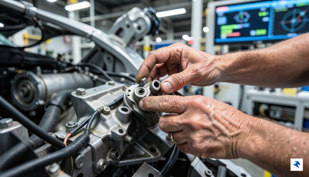 A high-detail, realistic photo of a seasoned automotive assembly worker&rsquo;s&hellip;