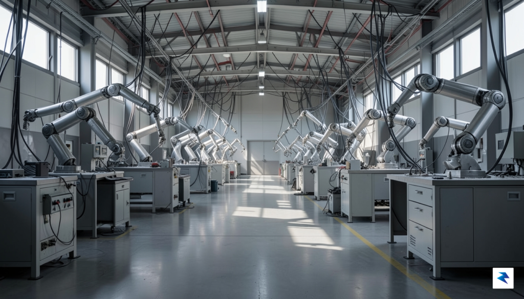A modern, high-tech automotive manufacturing facility showing a stark contrast&hellip;
