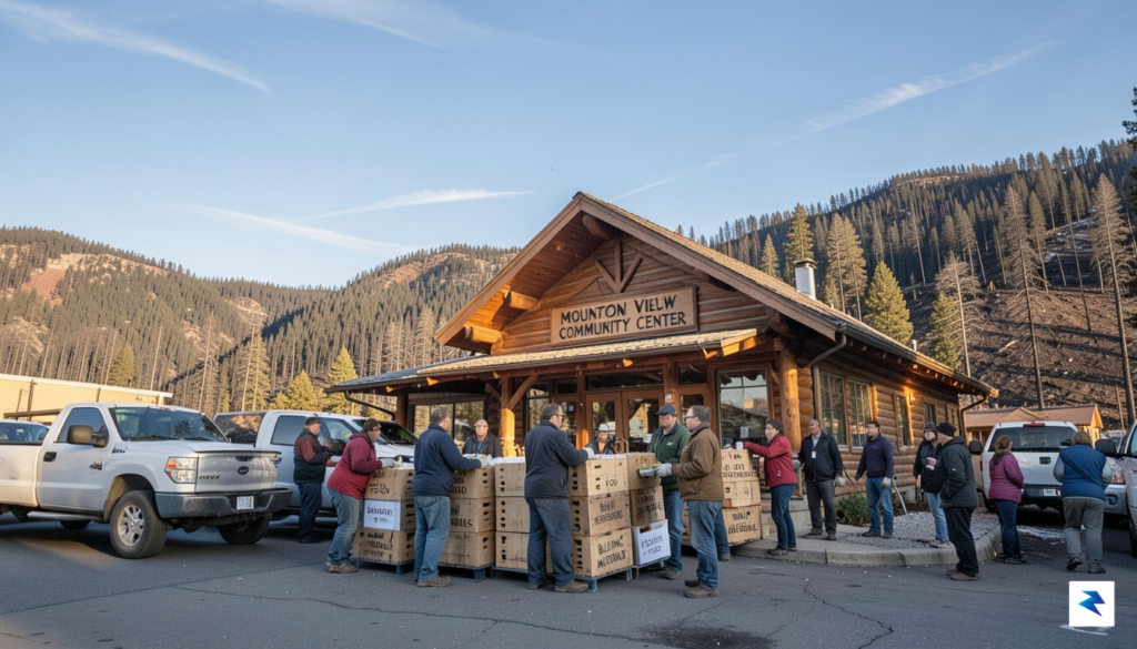 A wide-angle photograph of a Colorado mountain town community center&hellip;