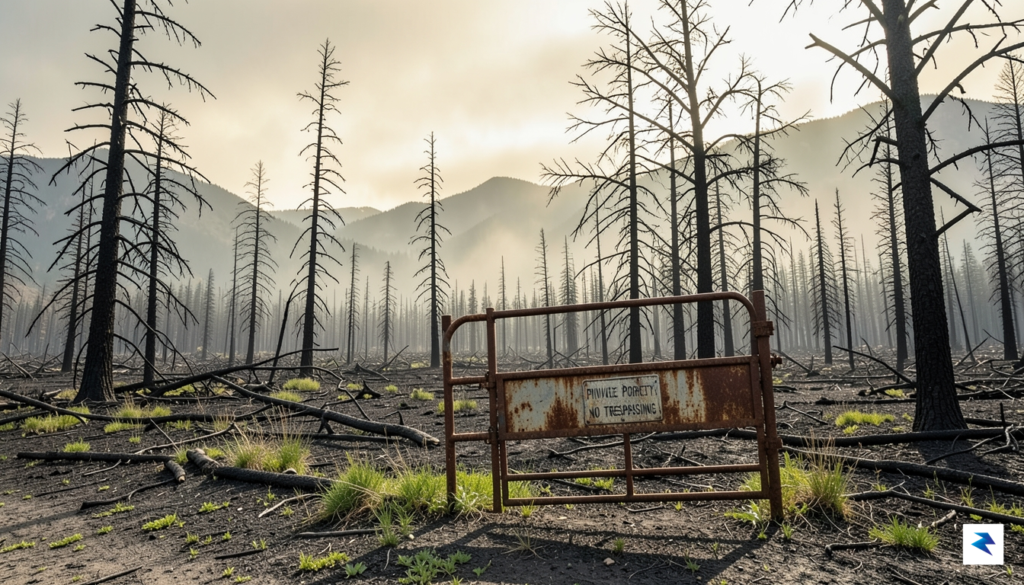 A wide-angle, cinematic photograph showing the charred remains of a&hellip;