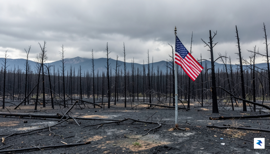 A wide-angle, somber landscape shot showing the charred remains of&hellip;