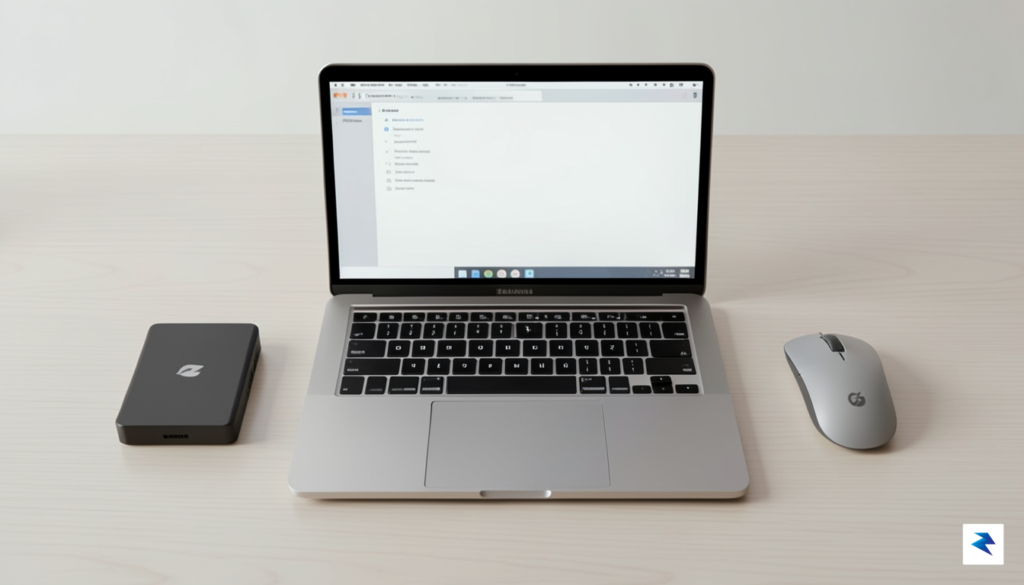 A clean, minimalist flat-lay photo of a MacBook Pro open&hellip;