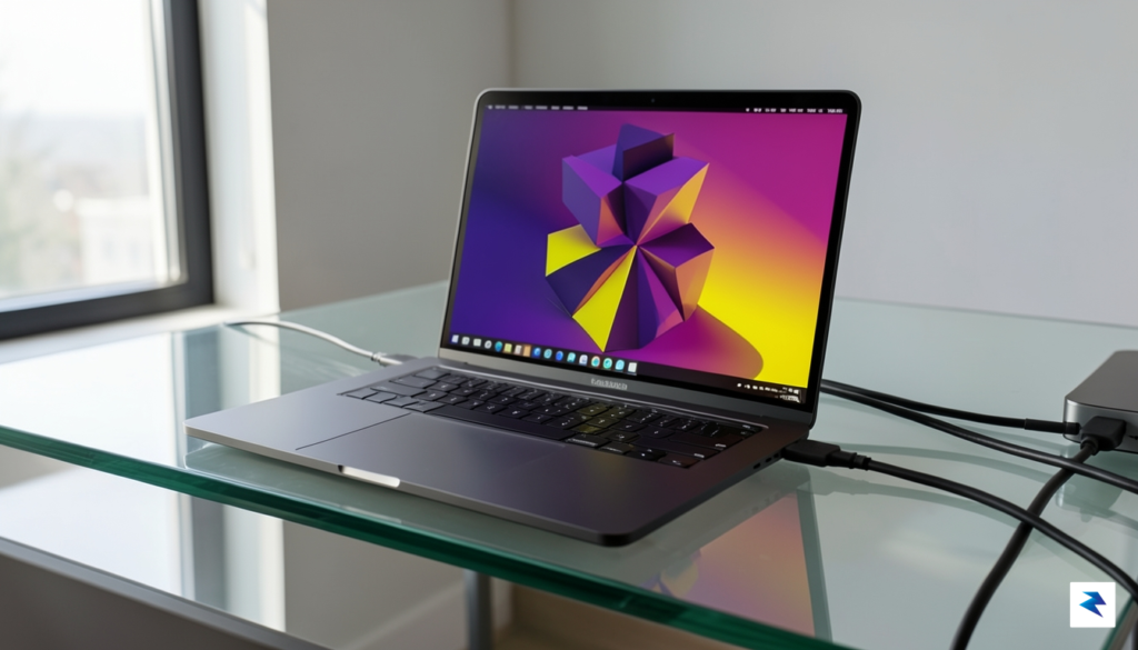 A sleek, professional workspace featuring a 2026 MacBook Pro displaying&hellip;