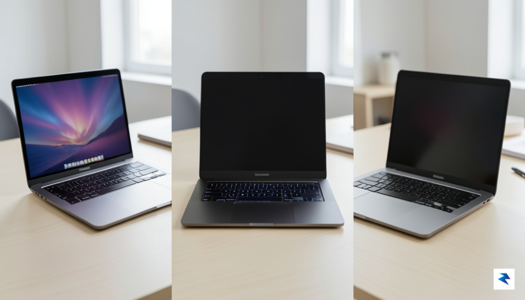 A conceptual, clean split-screen graphic showing a sleek, thin MacBook&hellip;
