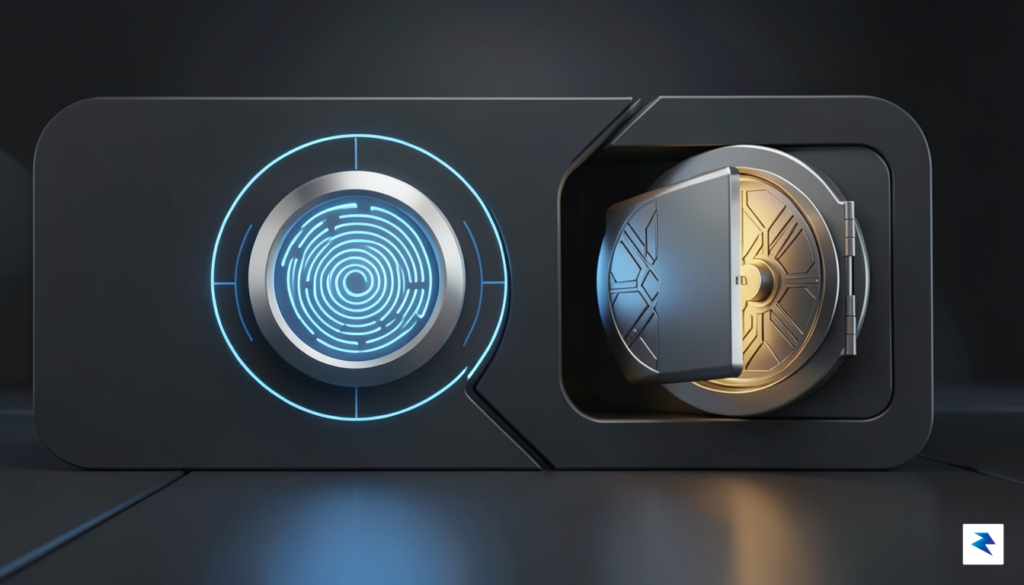 A sleek, futuristic digital interface showing a glowing biometric fingerprint&hellip;