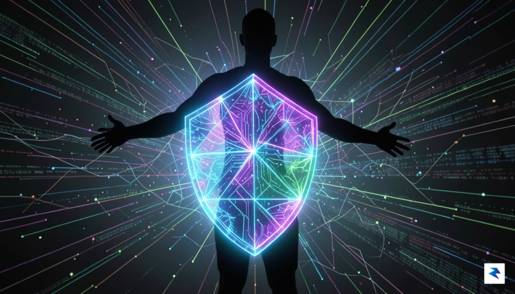 A conceptual digital illustration showing a glowing, abstract shield of&hellip;