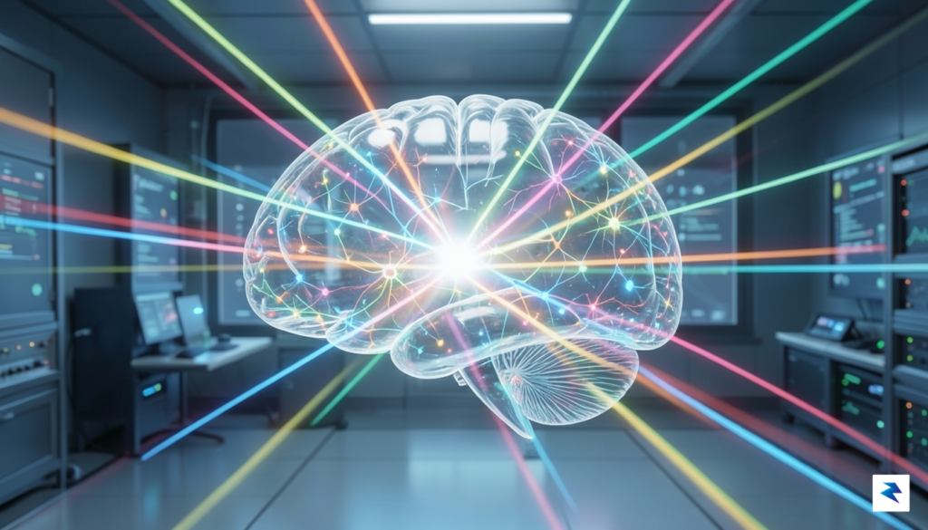 A conceptual illustration showing a digital, transparent glass brain being&hellip;