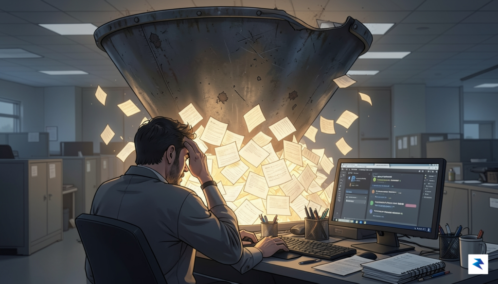 A conceptual digital illustration showing a massive, overflowing funnel with&hellip;