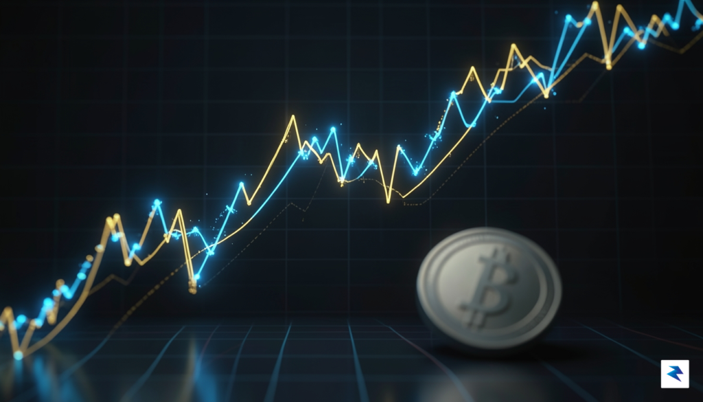 A digital visualization showing a rising stock market graph with&hellip;