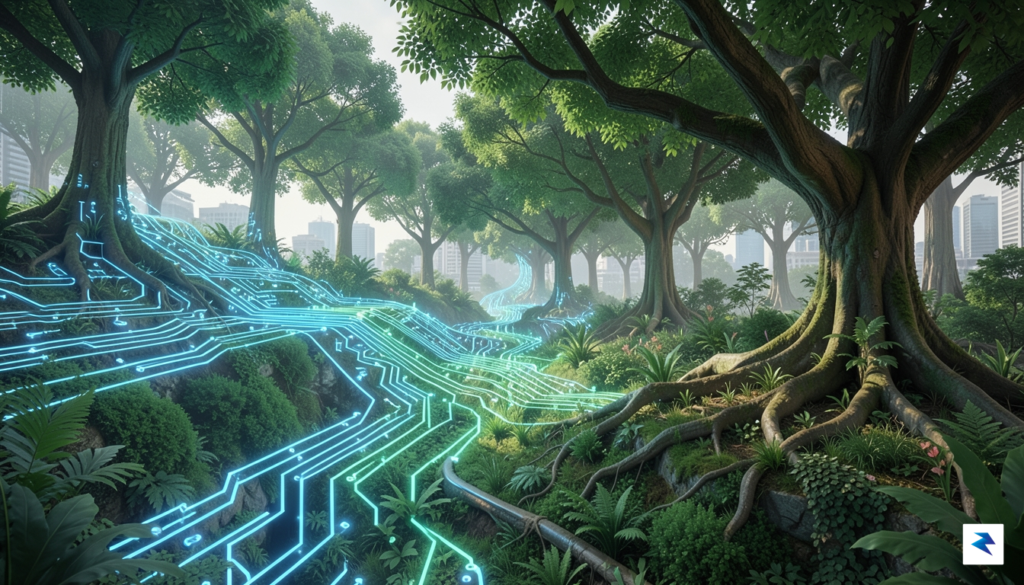 A conceptual digital art piece showing a vibrant, glowing circuit&hellip;