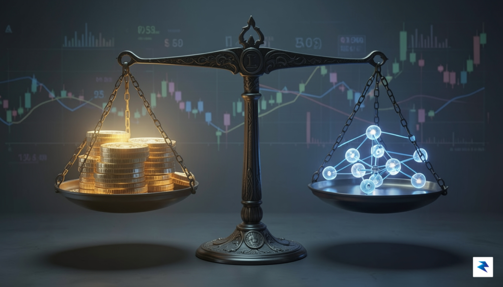 A conceptual digital art piece showing a balanced scale, with&hellip;