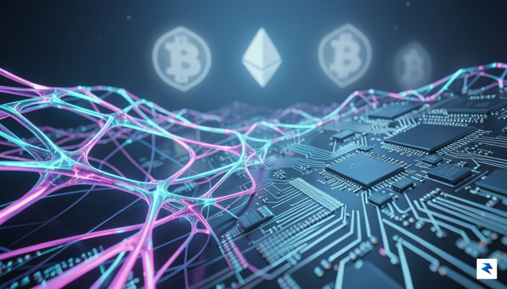A sleek, high-tech visualization showing glowing digital currency symbols fading&hellip;