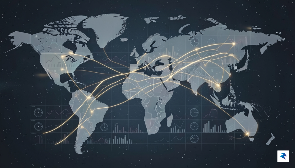 A conceptual digital illustration showing a complex network of golden&hellip;