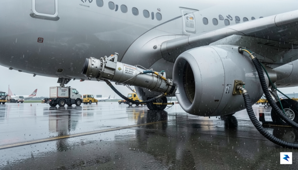 A detailed close-up of a jet fuel nozzle being connected&hellip;