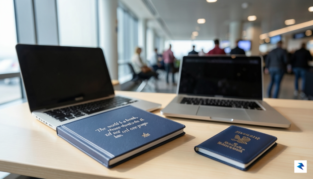 A modern, minimalist travel planner sitting on a wooden desk&hellip;