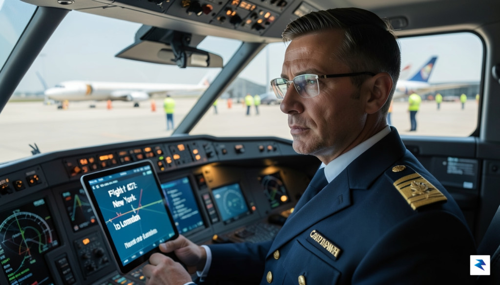 A detailed shot of an airline pilot in a cockpit&hellip;