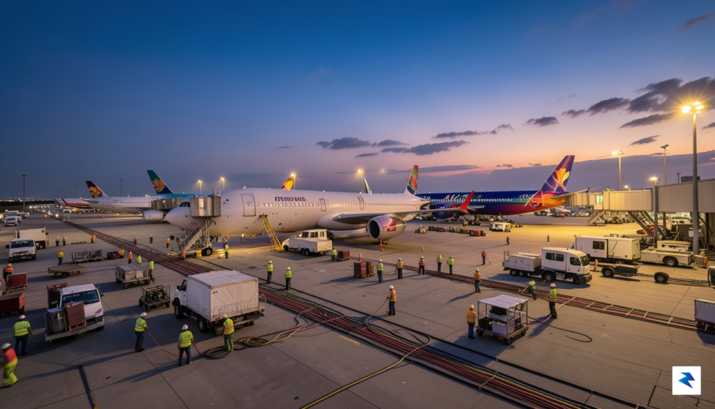 A wide-angle shot of a busy commercial airport tarmac at&hellip;
