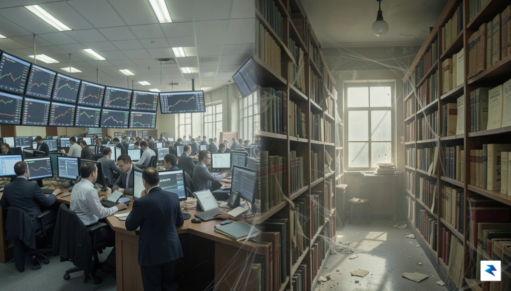 A conceptual digital illustration showing a bustling stock exchange floor&hellip;