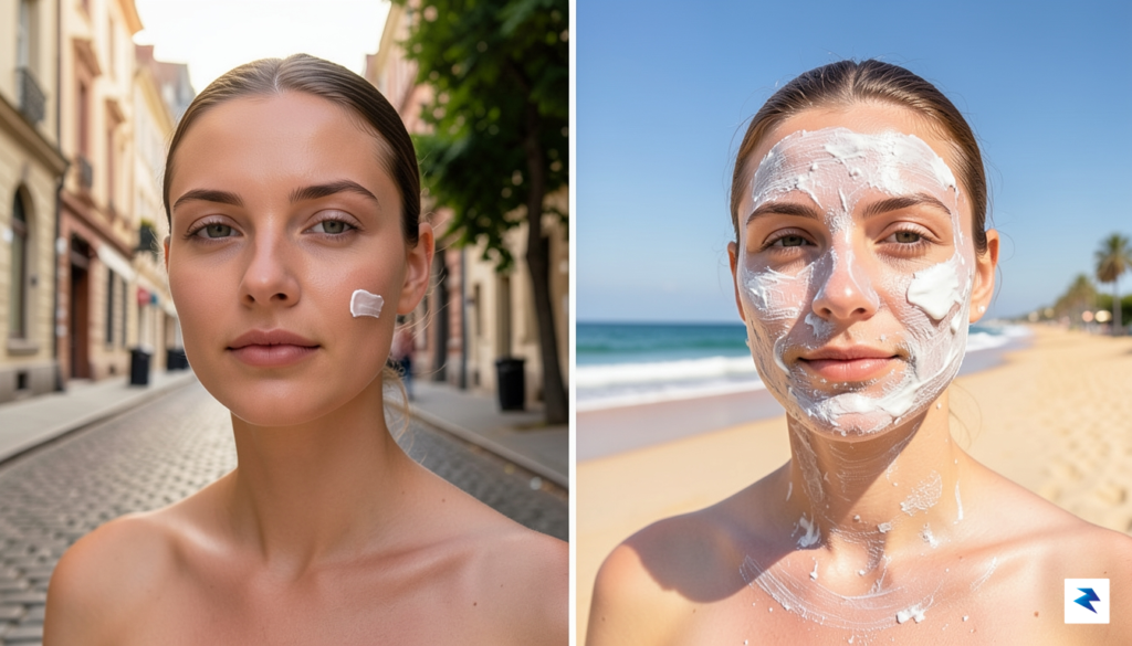 A comparative split-screen graphic showing a sleek, invisible sunscreen application&hellip;