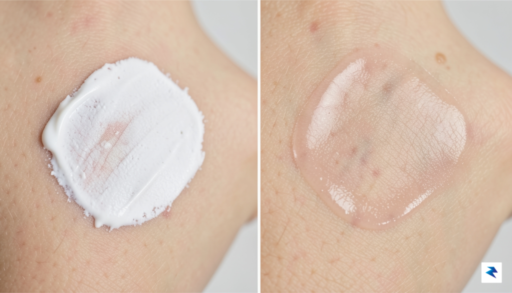 A close-up split-screen shot comparing a thick, chalky white cream&hellip;