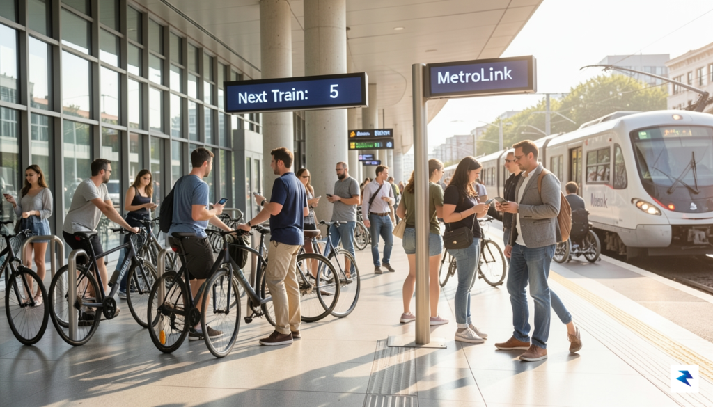 A modern, diverse group of suburban commuters transitioning from driving&hellip;