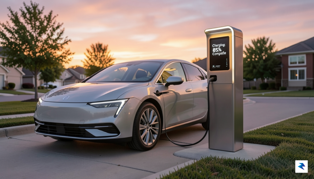 A modern, sleek electric vehicle charging at a clean, well-lit&hellip;
