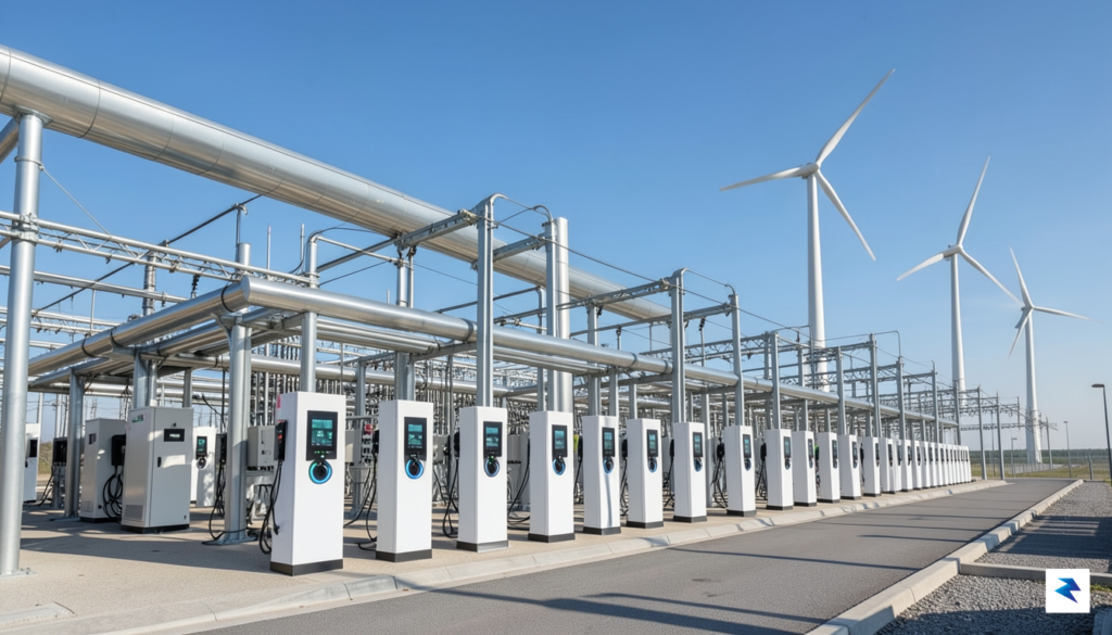 A modern, high-tech electrical substation integrated with rows of sleek,&hellip;