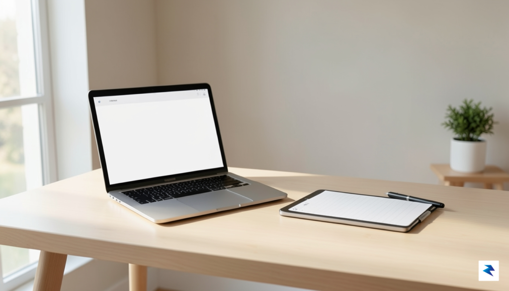 A clean, organized home office desk featuring a laptop, a&hellip;