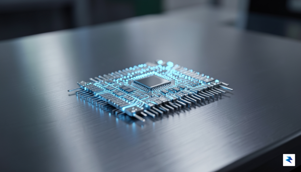 A close-up, high-resolution photograph of a futuristic silicon microchip glowing&hellip;