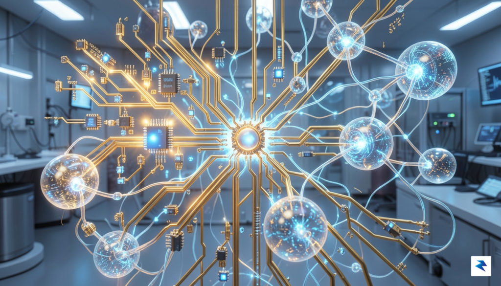 A futuristic, conceptual illustration showing a microscopic view of complex,&hellip;