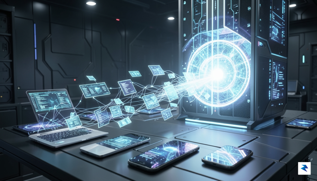 A conceptual 3D render showing glowing, interconnected digital memory modules&hellip;