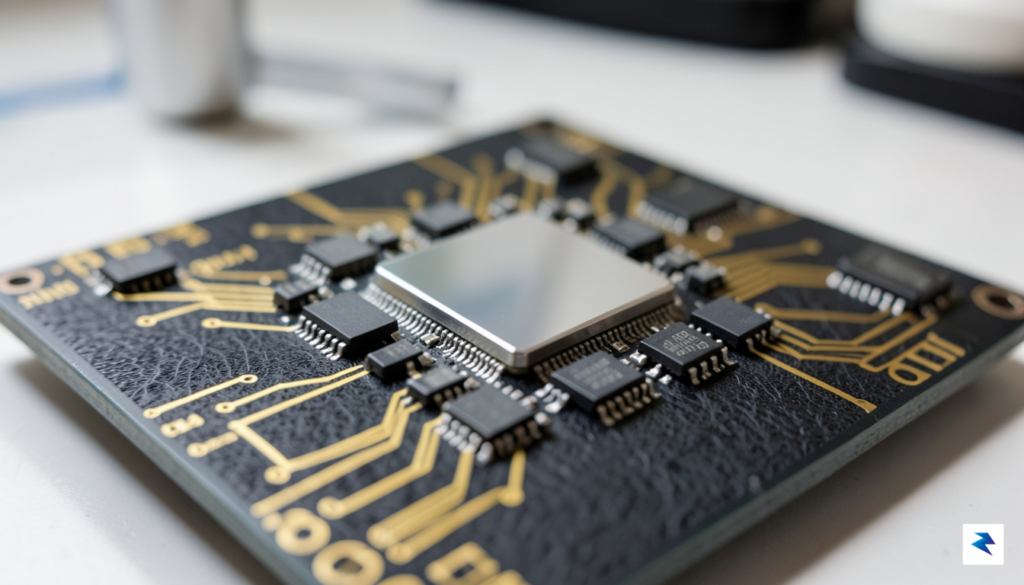 A detailed close-up of an Apple M-series chip on a&hellip;