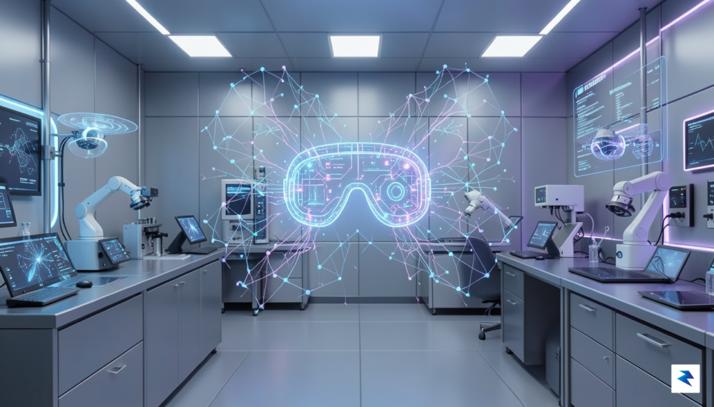 A conceptual, sleek digital illustration showing a high-tech laboratory environment&hellip;