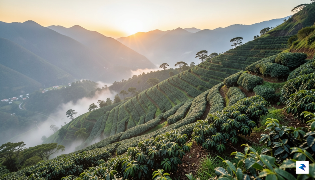 A wide-angle landscape shot of lush, mist-covered coffee plantations terraced&hellip;
