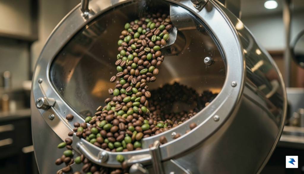A close-up of green coffee beans being poured into a&hellip;