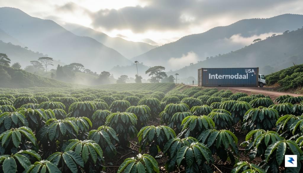A wide-angle shot of a sprawling, misty coffee plantation in&hellip;