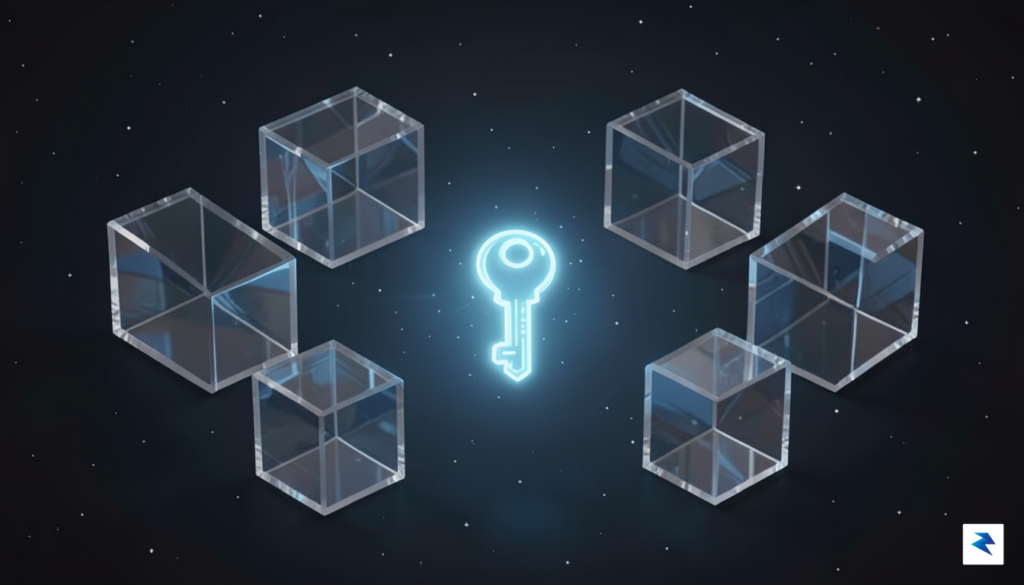 A conceptual 3D illustration showing a central, glowing digital identity&hellip;