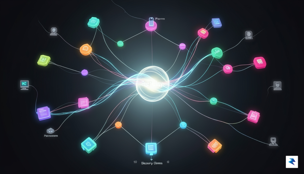 A conceptual digital visualization showing a central, glowing data stream&hellip;