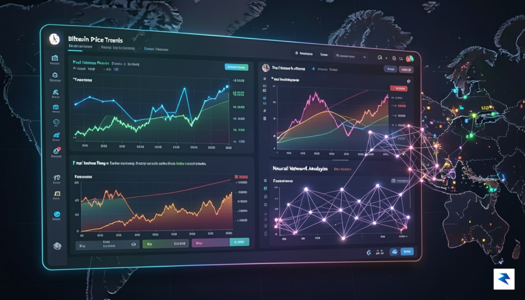 A digital illustration showing a complex financial dashboard with glowing&hellip;