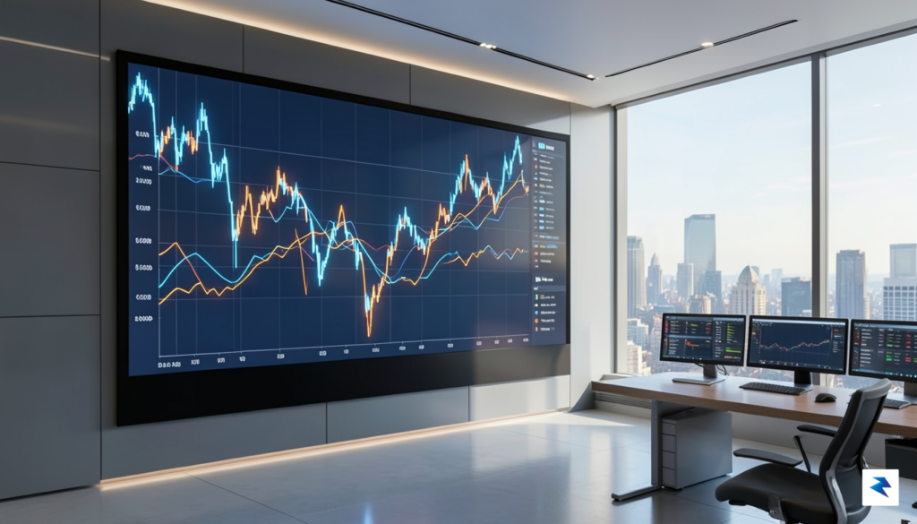 A digital visualization showing a stock market ticker chart with&hellip;