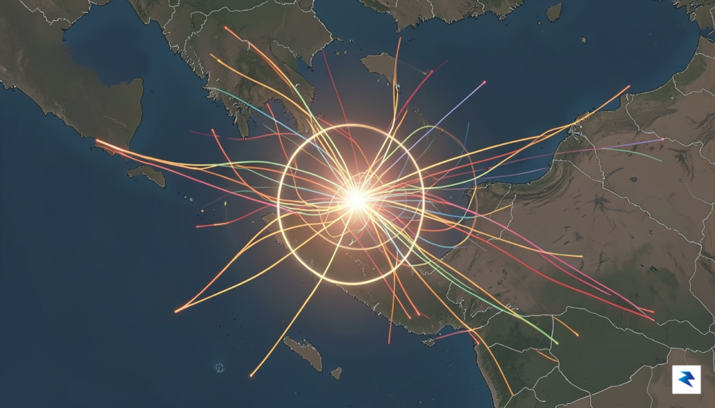 A digital map visualization showing glowing maritime trade routes in&hellip;