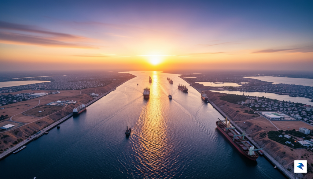 A satellite-style wide-angle view of the Strait of Hormuz showing&hellip;