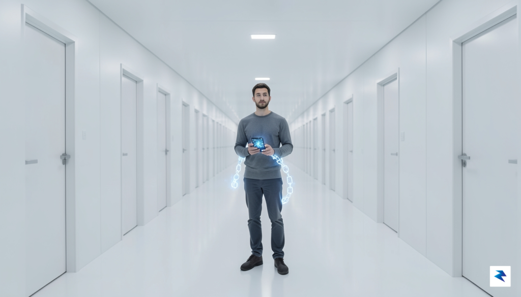 A conceptual digital illustration showing a person standing in a&hellip;