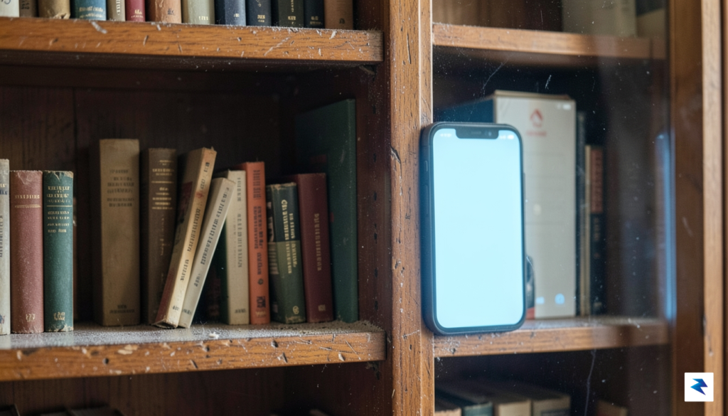 A conceptual close-up of a dusty, well-loved wooden bookshelf next&hellip;