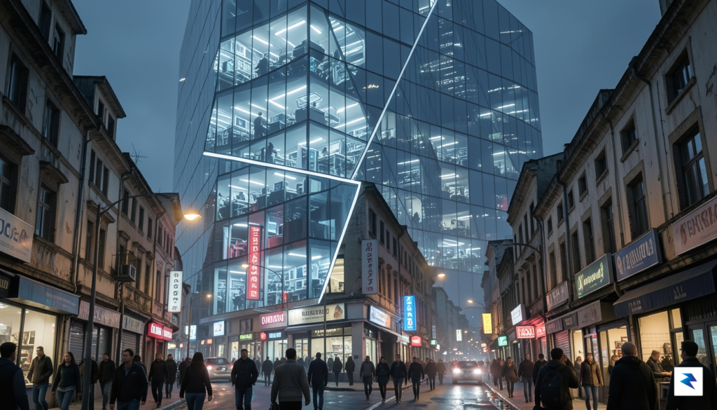 A conceptual digital illustration showing a brightly lit, high-tech glass&hellip;