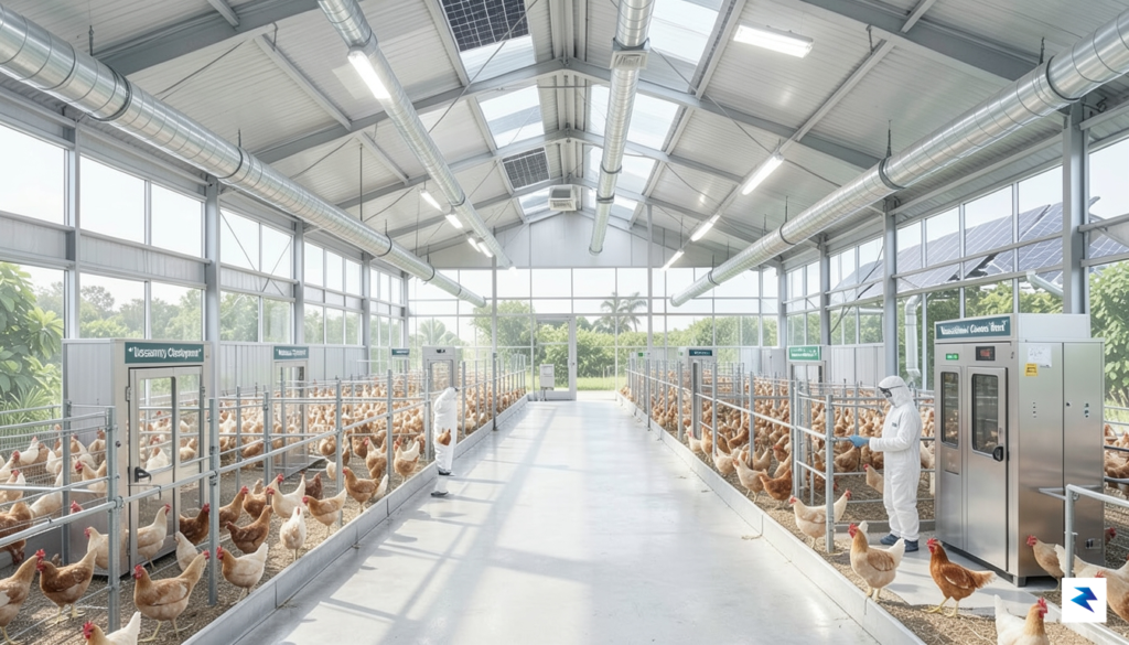 A modern, high-tech indoor poultry farm with advanced ventilation and&hellip;