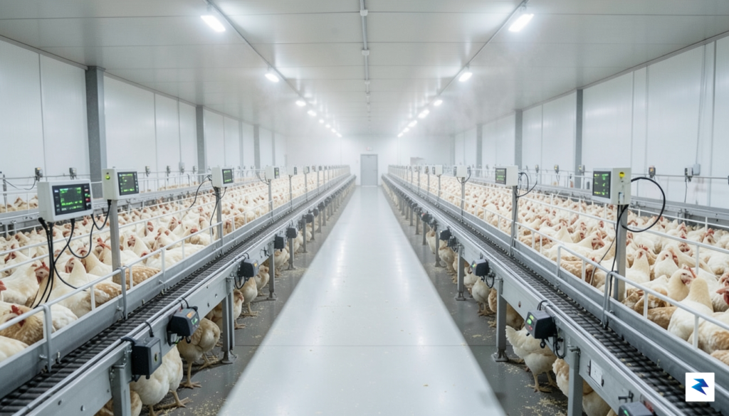 A wide-angle shot of a modern, large-scale poultry facility interior&hellip;